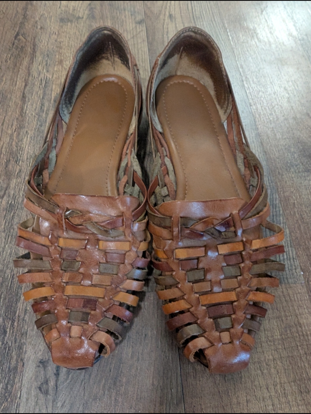 Woven Leather Huarache Flats in Brown